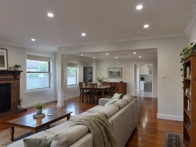 Living and dining room with recessed ceiling downlights, timber floor and fireplace in Bolwarra