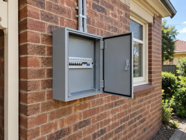 Open grey switchboard on a brick exterior wall beside a window in a brick home in East Maitland